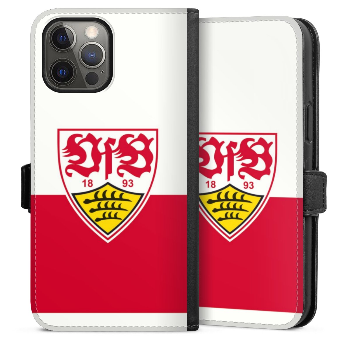 iPhone 12 Pro Max Handy Klapphülle Handyhülle aus Kunst Leder schwarz Flip Case Official Licensed Product Logo Vfb Stuttgart Sideflip mit Lasche