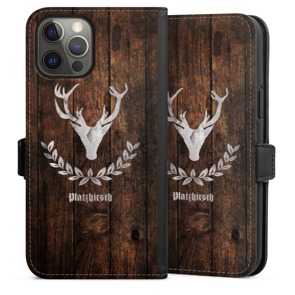 iPhone 12 Pro Max Handy Klapphülle Handyhülle aus Kunst Leder schwarz Flip Case Deer Wood Wooden Look Sideflip mit Lasche