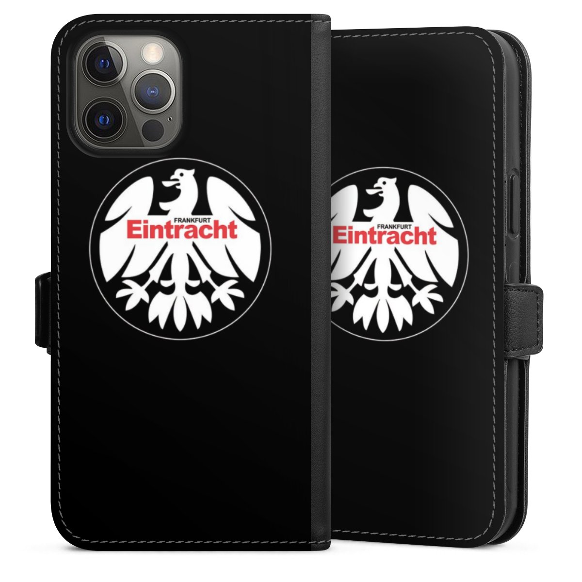 iPhone 12 Pro Max Handy Klapphülle Handyhülle aus Kunst Leder schwarz Flip Case Official Licensed Product Eintracht Frankfurt Sge Sideflip mit Lasche