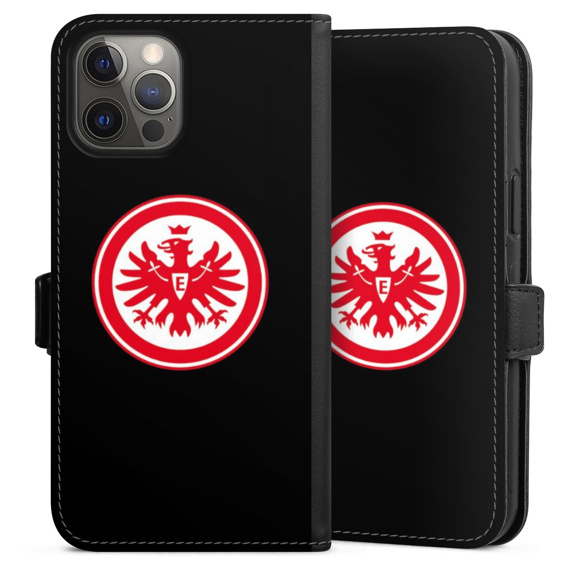 iPhone 12 Pro Max Handy Klapphülle Handyhülle aus Kunst Leder schwarz Flip Case Eintracht Frankfurt Sge Eagle Sideflip mit Lasche