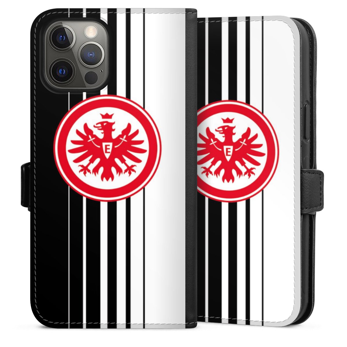 iPhone 12 Pro Max Handy Klapphülle Handyhülle aus Kunst Leder schwarz Flip Case Stripes Eintracht Frankfurt Official Licensed Product Sideflip mit Lasche