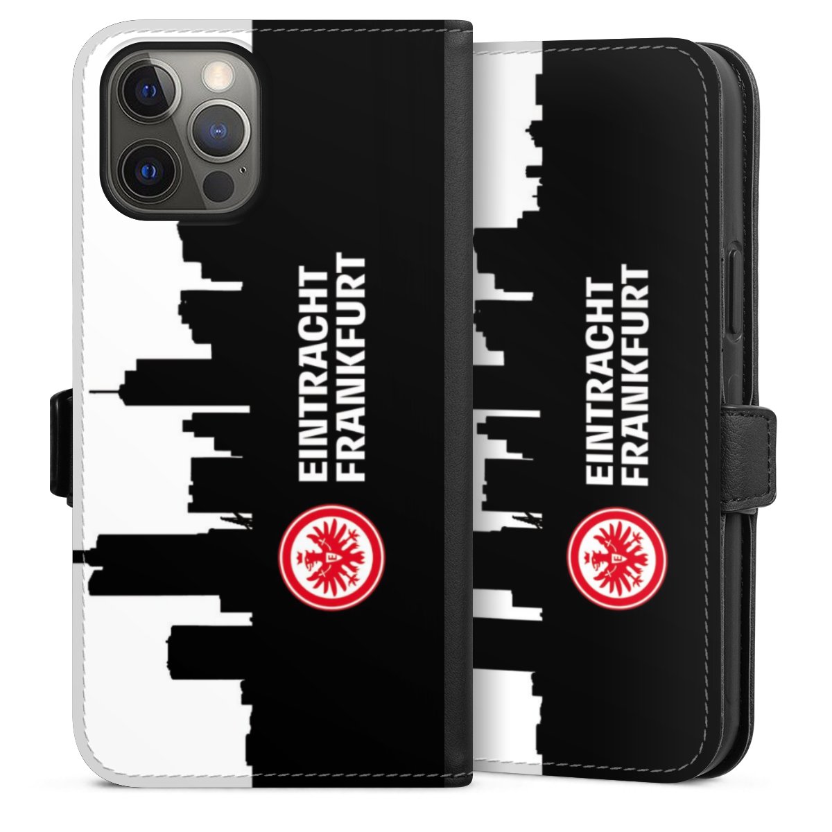 iPhone 12 Pro Max Handy Klapphülle Handyhülle aus Kunst Leder schwarz Flip Case Sge Eintracht Frankfurt Official Licensed Product Sideflip mit Lasche