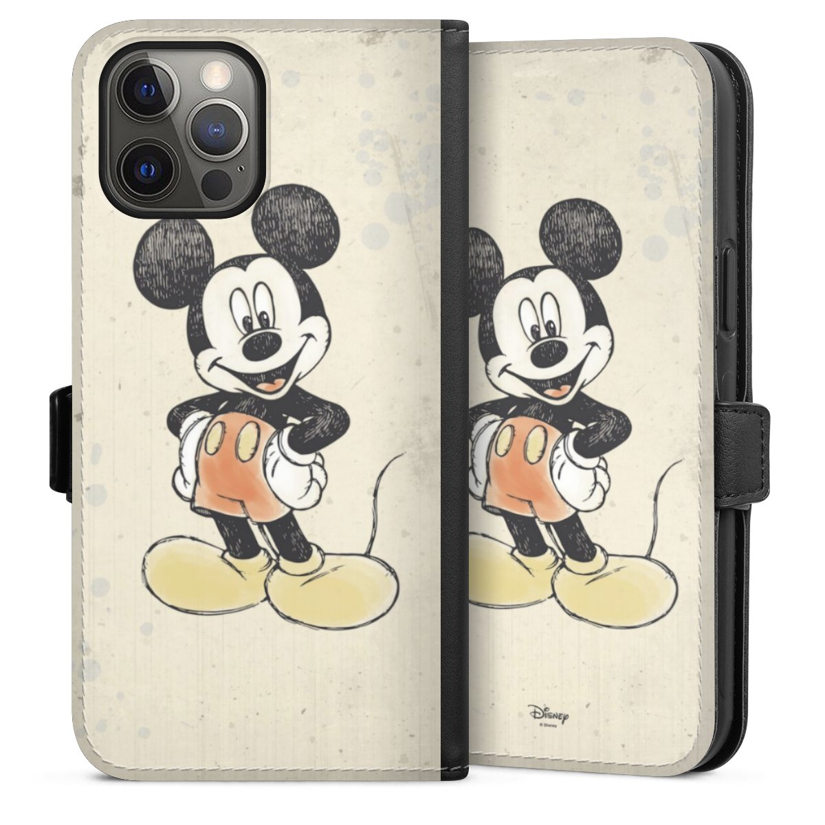 iPhone 12 Pro Max Handy Klapphülle Handyhülle aus Kunst Leder schwarz Flip Case Water Colour Mickey & Minnie Mouse Official Licensed Product Sideflip mit Lasche