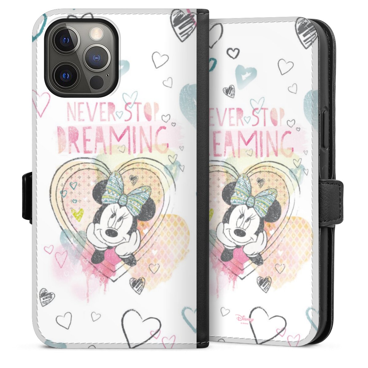 iPhone 12 Pro Max Handy Klapphülle Handyhülle aus Kunst Leder schwarz Flip Case Disney Official Licensed Product Minnie Mouse Sideflip mit Lasche