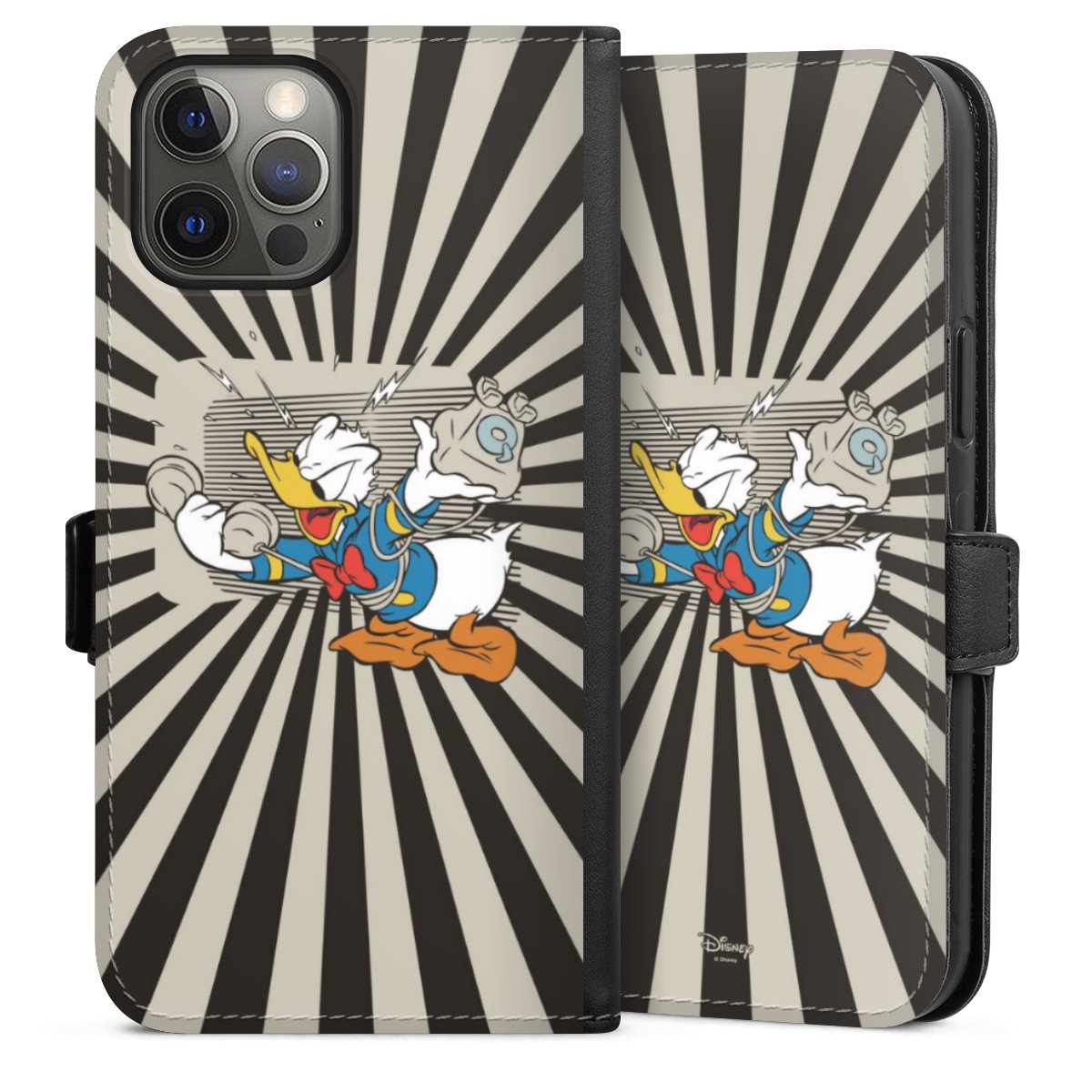 iPhone 12 Pro Max Handy Klapphülle Handyhülle aus Kunst Leder schwarz Flip Case Donald Duck Disney Official Licensed Product Sideflip mit Lasche