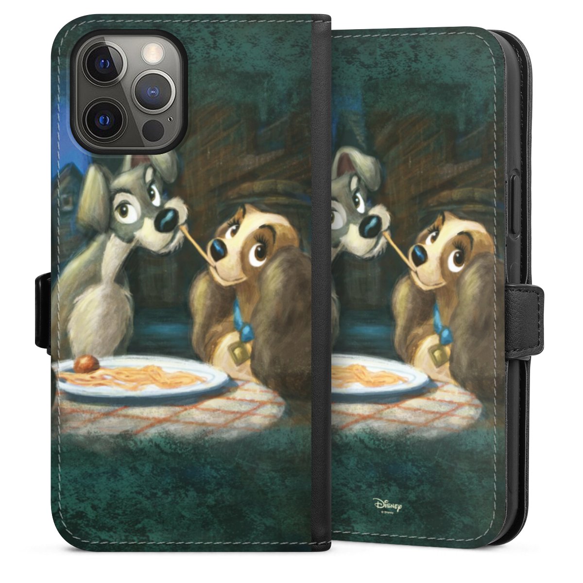 iPhone 12 Pro Max Handy Klapphülle Handyhülle aus Kunst Leder schwarz Flip Case Lady And The Tramp Official Licensed Product Disney Sideflip mit Lasche