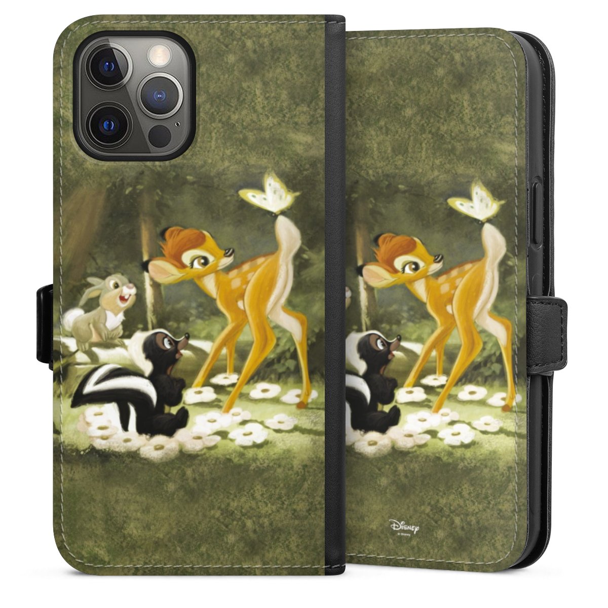 iPhone 12 Pro Max Handy Klapphülle Handyhülle aus Kunst Leder schwarz Flip Case Disney Official Licensed Product Bambi Sideflip mit Lasche