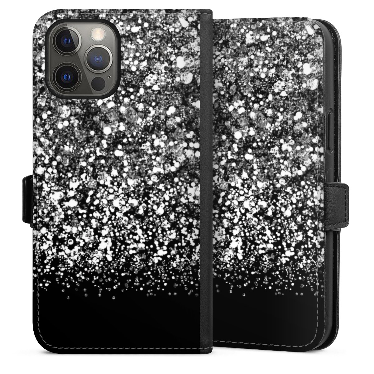 iPhone 12 Pro Max Handy Klapphülle Handyhülle aus Kunst Leder schwarz Flip Case Glitzer Snowflake Muster Sideflip mit Lasche