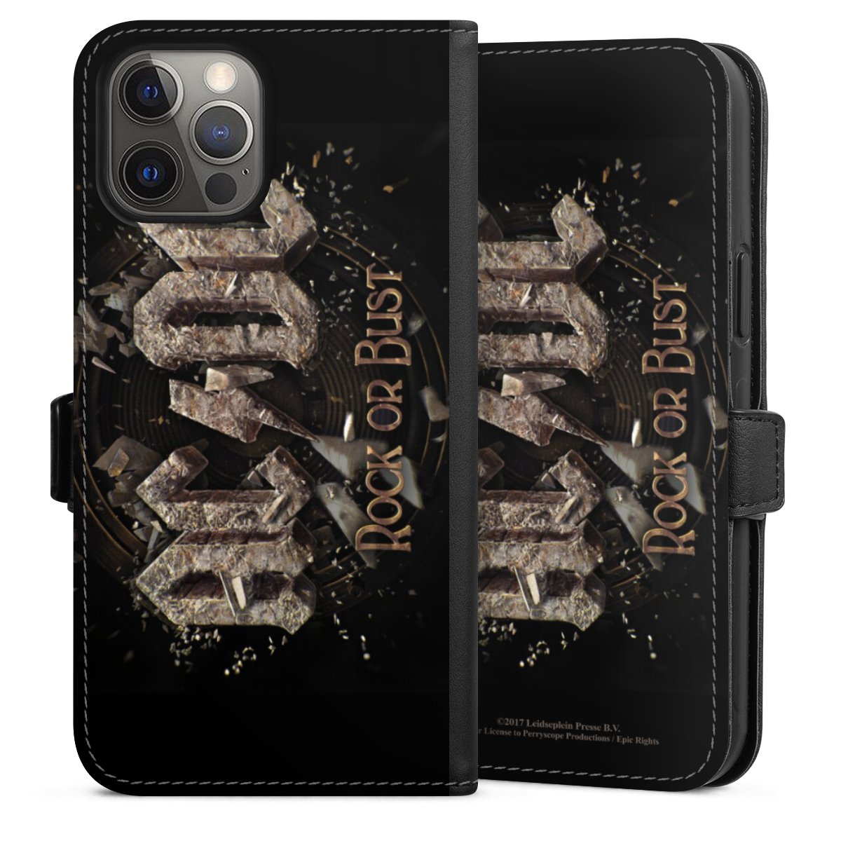 iPhone 12 Pro Max Handy Klapphülle Handyhülle aus Kunst Leder schwarz Flip Case Acdc Official Licensed Product Rock Or Bust Sideflip mit Lasche