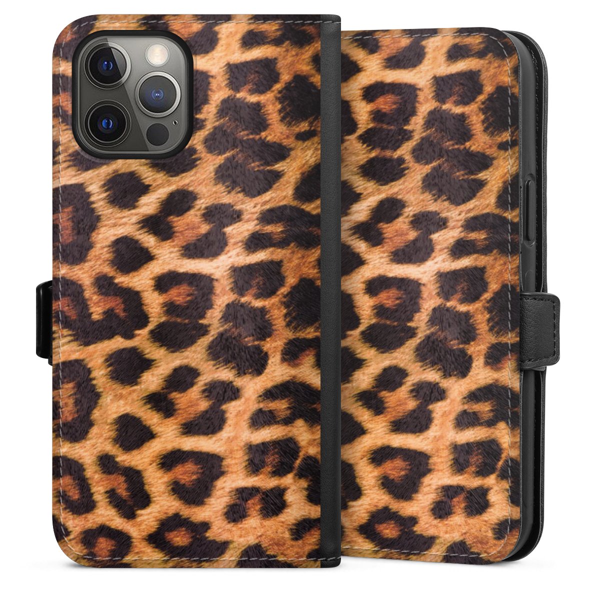 iPhone 12 Pro Max Handy Klapphülle Handyhülle aus Kunst Leder schwarz Flip Case Animal Print Leopard Fur Sideflip mit Lasche