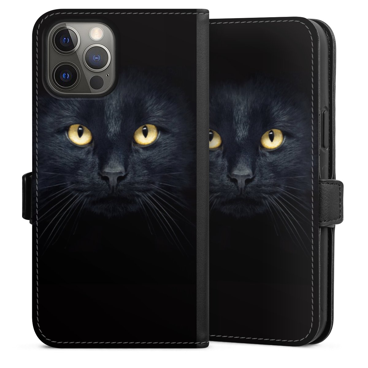 iPhone 12 Pro Max Handy Klapphülle Handyhülle aus Kunst Leder schwarz Flip Case Eye Cat Black Sideflip mit Lasche