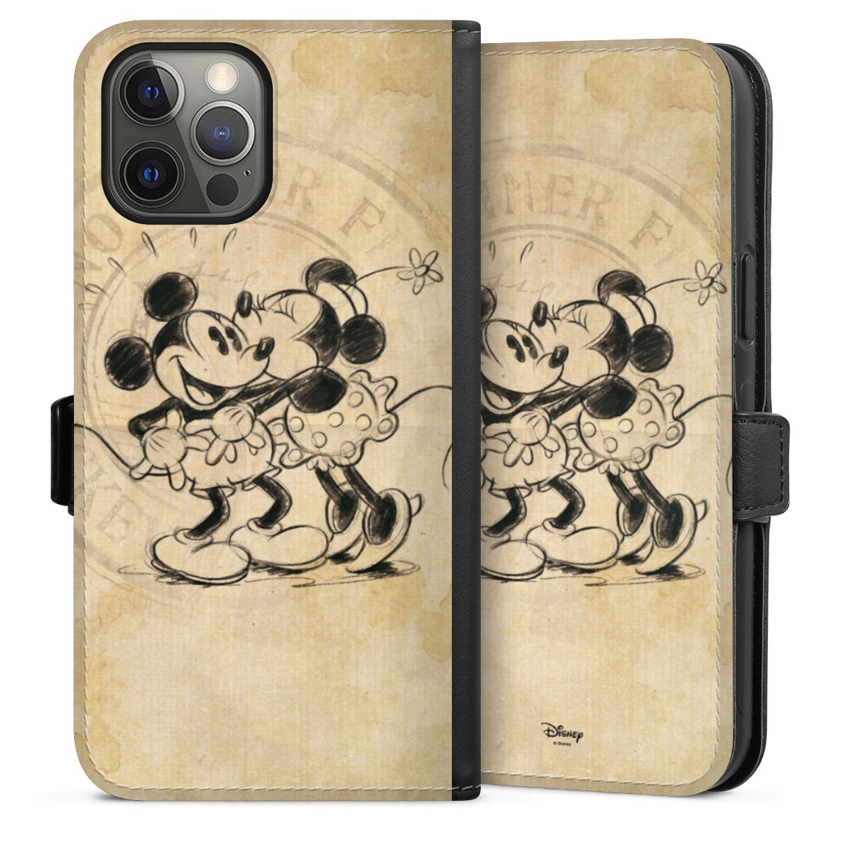 iPhone 12 Pro Max Handy Klapphülle Handyhülle aus Kunst Leder schwarz Flip Case Mickey Mouse Vintage Minnie Mouse Sideflip mit Lasche