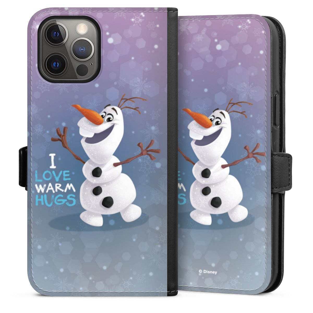 iPhone 12 Pro Max Handy Klapphülle Handyhülle aus Kunst Leder schwarz Flip Case Frozen Frozen Olaf Official Licensed Product Sideflip mit Lasche