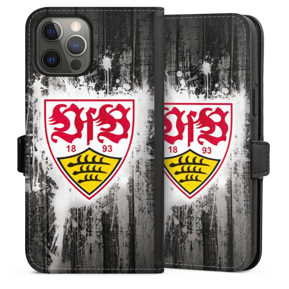 iPhone 12 Pro Max Handy Klapphülle Handyhülle aus Kunst Leder schwarz Flip Case Vfb Stuttgart Official Licensed Product Sideflip mit Lasche