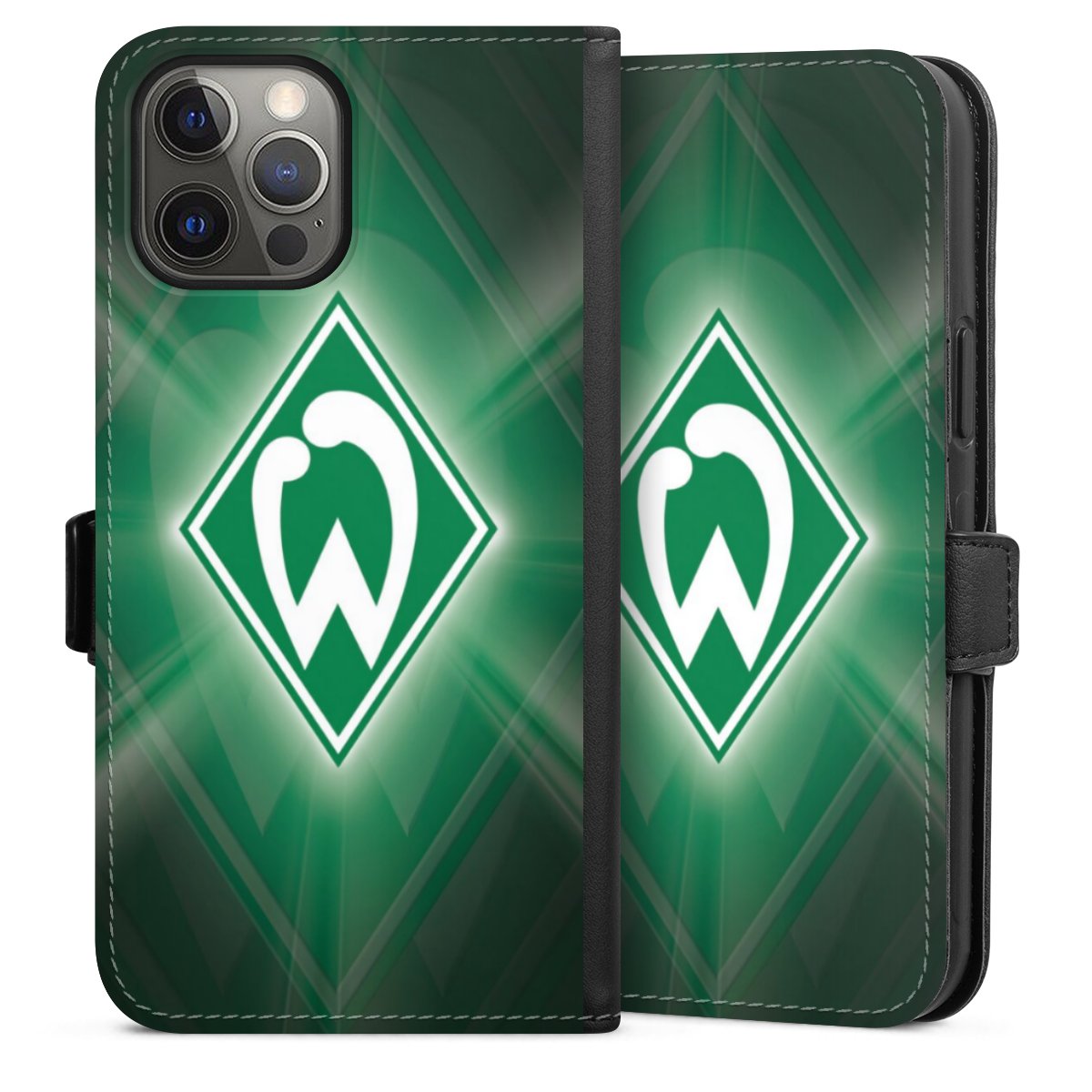 iPhone 12 Pro Max Handy Klapphülle Handyhülle aus Kunst Leder schwarz Flip Case Sv Werder Bremen Official Licensed Product Coat Of Arms Sideflip mit Lasche