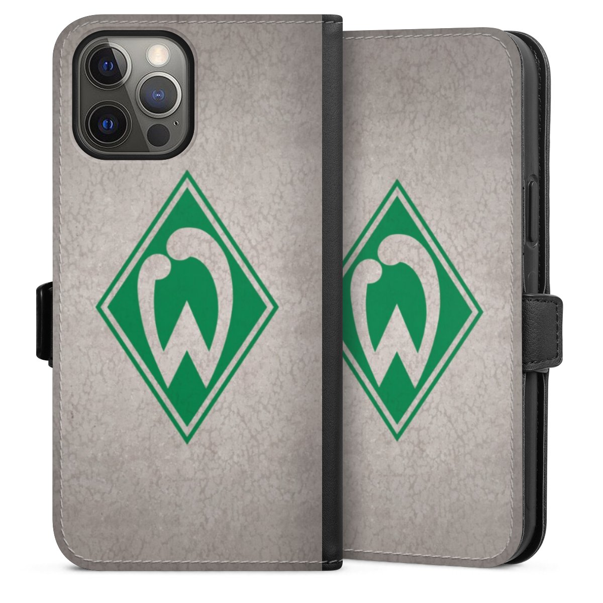 iPhone 12 Pro Max Handy Klapphülle Handyhülle aus Kunst Leder schwarz Flip Case Sv Werder Bremen Concrete Official Licensed Product Sideflip mit Lasche