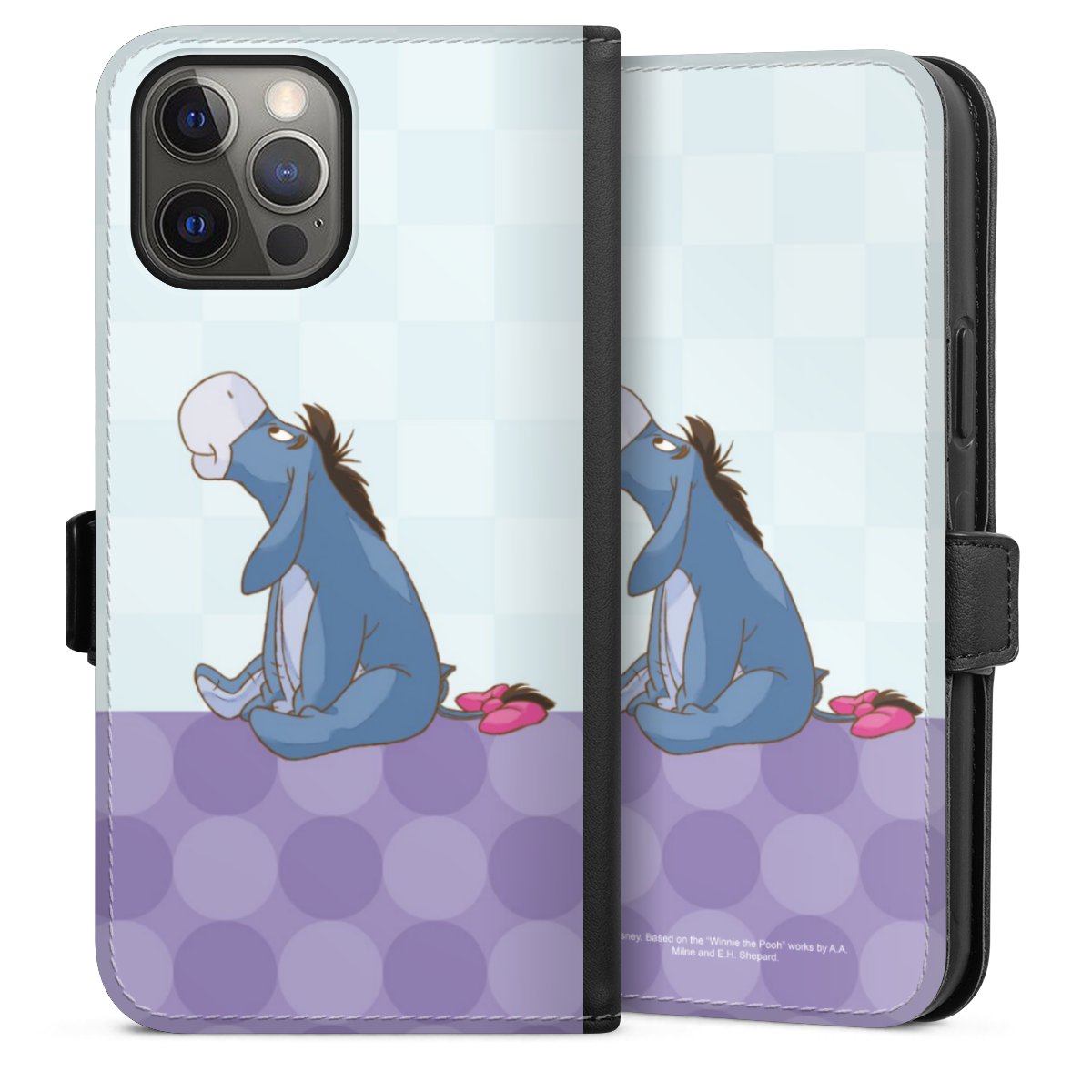 iPhone 12 Pro Max Handy Klapphülle Handyhülle aus Kunst Leder schwarz Flip Case Disney Donkey Winnie The Pooh Sideflip mit Lasche