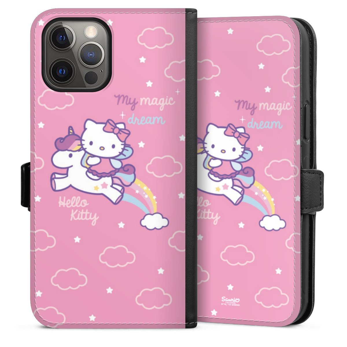 iPhone 12 Pro Max Handy Klapphülle Handyhülle aus Kunst Leder schwarz Flip Case Einhorn Official Licensed Product Hello Kitty Sideflip mit Lasche