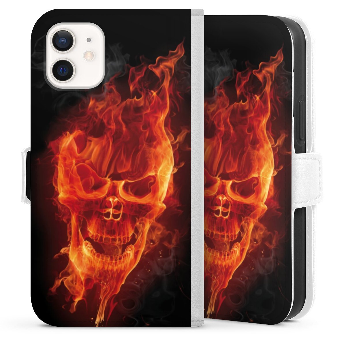 iPhone 12 mini Handy Klapphülle Handyhülle aus Kunst Leder weiß Flip Case Totenkopf Skull Fire Sideflip mit Lasche