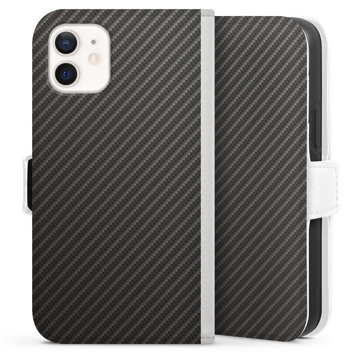 iPhone 12 mini Handy Klapphülle Handyhülle aus Kunst Leder weiß Flip Case Metallic Look Carbon Muster Sideflip mit Lasche