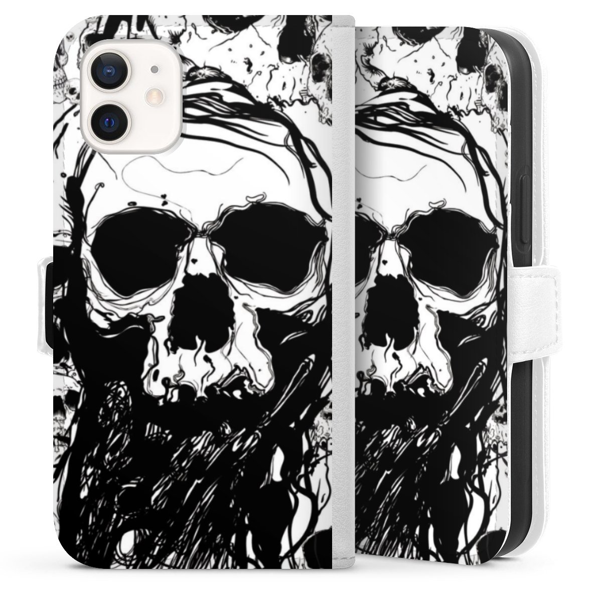 iPhone 12 mini Handy Klapphülle Handyhülle aus Kunst Leder weiß Flip Case Totenkopf Halloween Sideflip mit Lasche