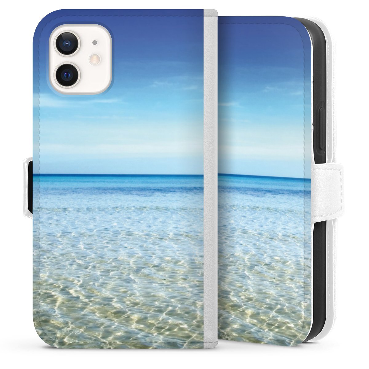 iPhone 12 mini Handy Klapphülle Handyhülle aus Kunst Leder weiß Flip Case Urlaub Sky Ocean Sideflip mit Lasche