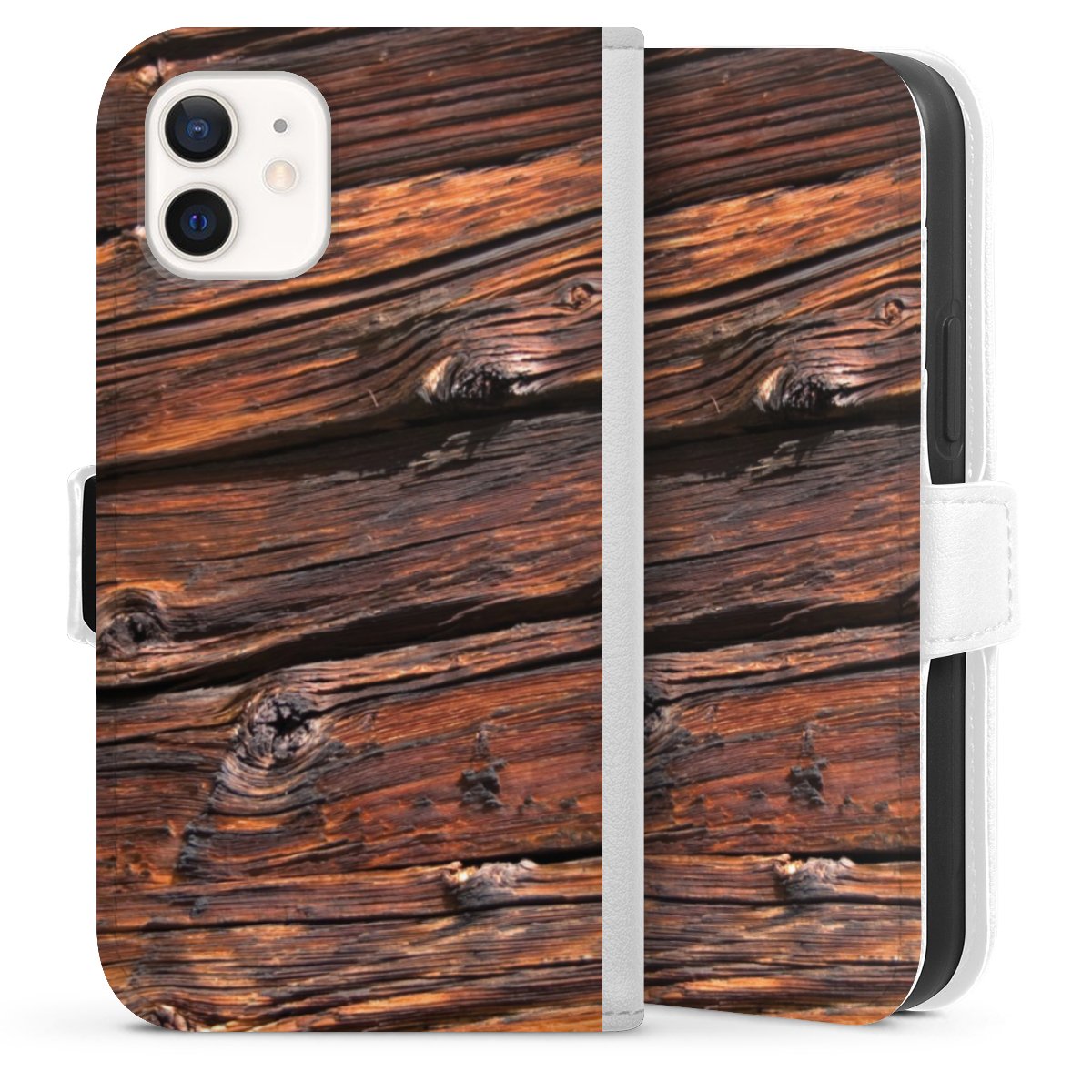 iPhone 12 mini Handy Klapphülle Handyhülle aus Kunst Leder weiß Flip Case Beams Wooden Look Wood Sideflip mit Lasche