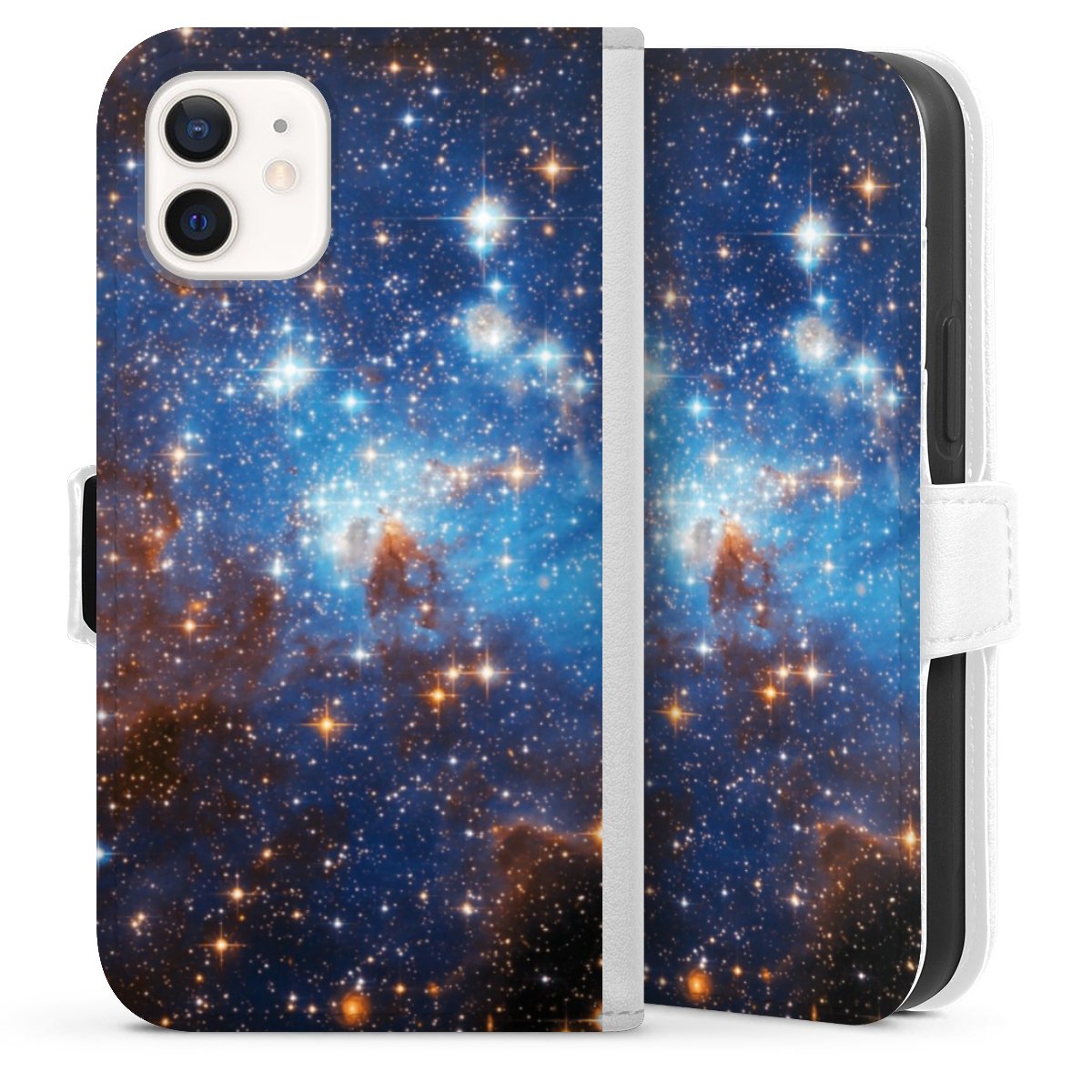 iPhone 12 mini Handy Klapphülle Handyhülle aus Kunst Leder weiß Flip Case Star Weltall Galaxy Sideflip mit Lasche