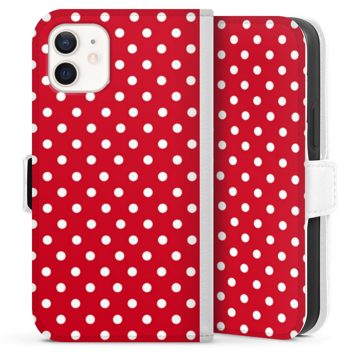 iPhone 12 mini Handy Klapphülle Handyhülle aus Kunst Leder weiß Flip Case Points Polka Dots Retro Sideflip mit Lasche