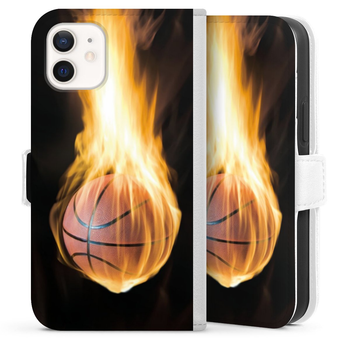 iPhone 12 mini Handy Klapphülle Handyhülle aus Kunst Leder weiß Flip Case Basketball Sports Fire Sideflip mit Lasche