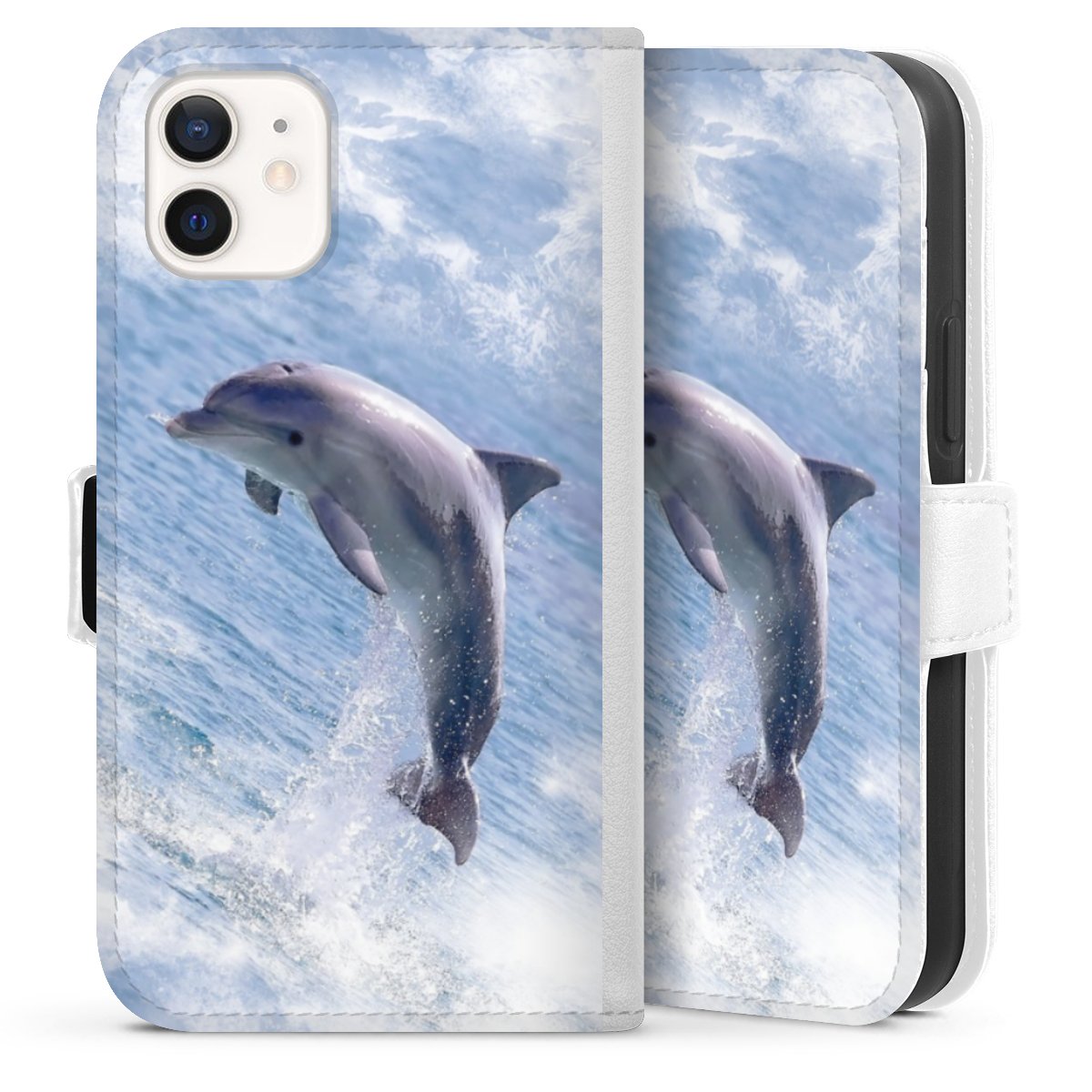 iPhone 12 mini Handy Klapphülle Handyhülle aus Kunst Leder weiß Flip Case Dolphin Ocean Wale Sideflip mit Lasche