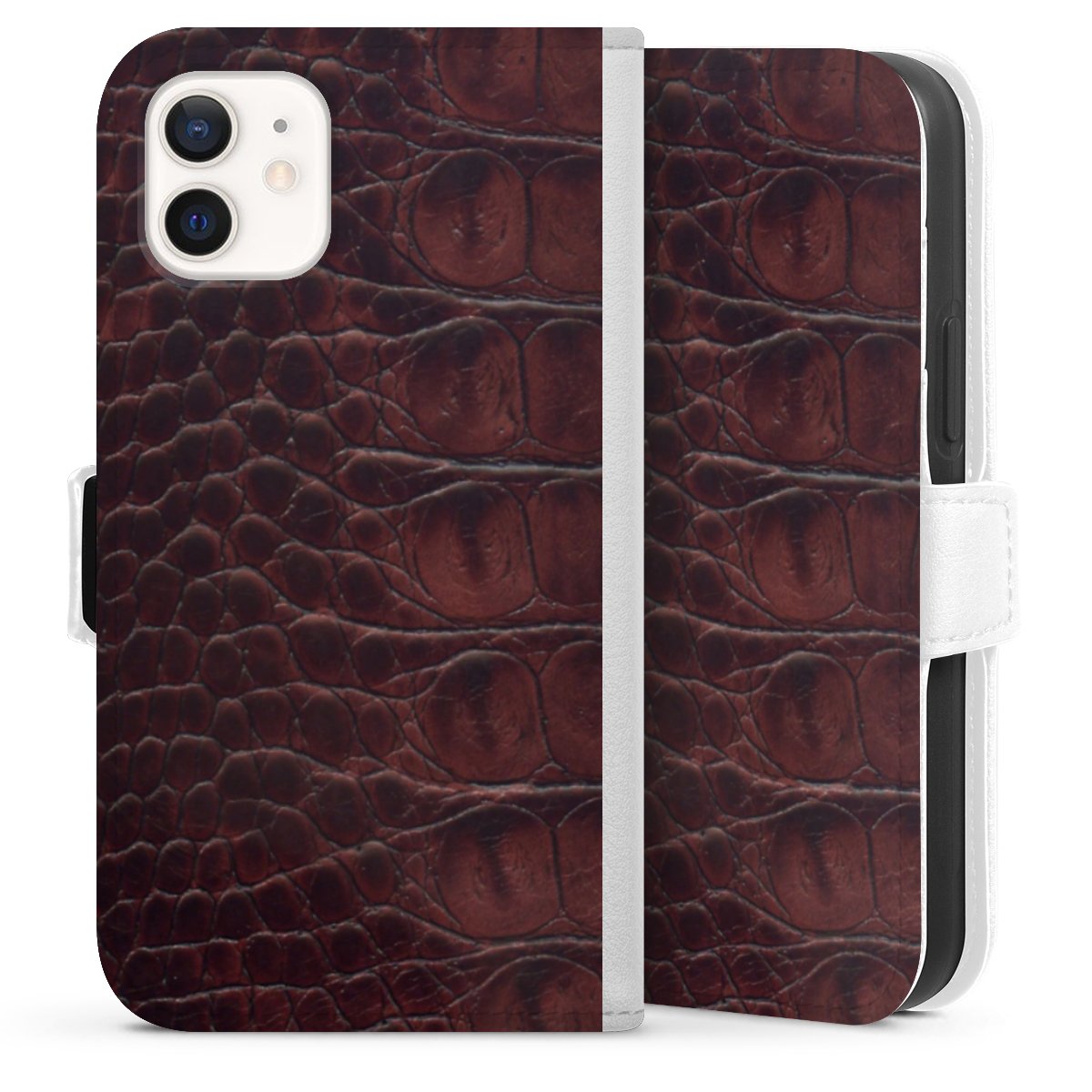 iPhone 12 mini Handy Klapphülle Handyhülle aus Kunst Leder weiß Flip Case Crocodile Animal Print Leather Sideflip mit Lasche