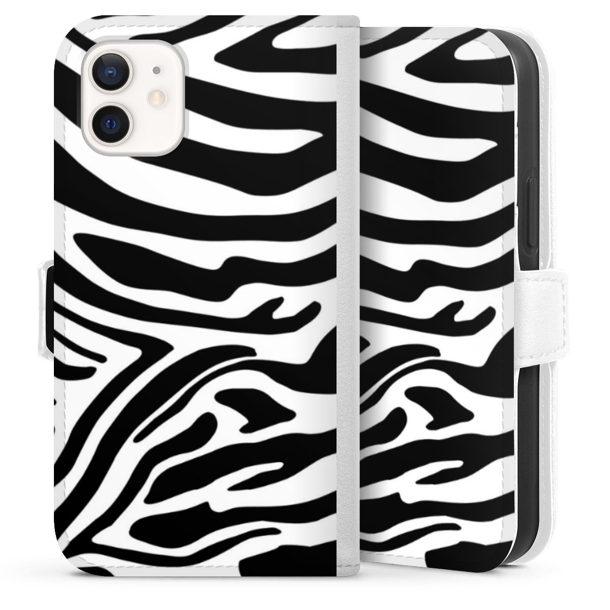 iPhone 12 mini Handy Klapphülle Handyhülle aus Kunst Leder weiß Flip Case Zebra Animal Look Animal Print Sideflip mit Lasche