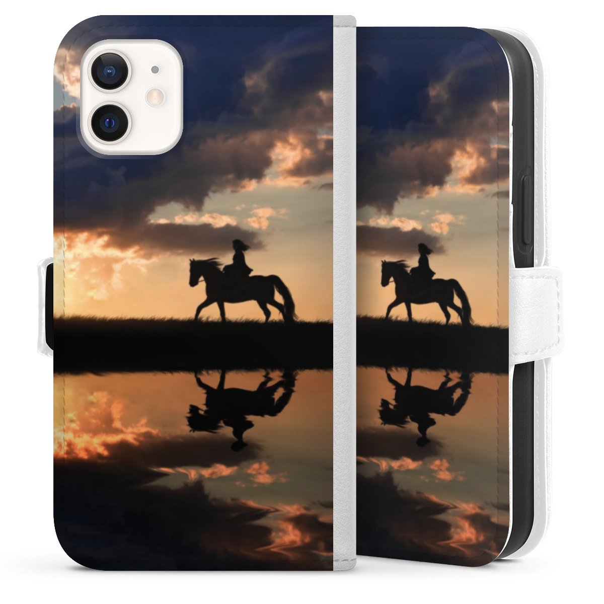 iPhone 12 mini Handy Klapphülle Handyhülle aus Kunst Leder weiß Flip Case Horse Sunset Horseback Riding Sideflip mit Lasche