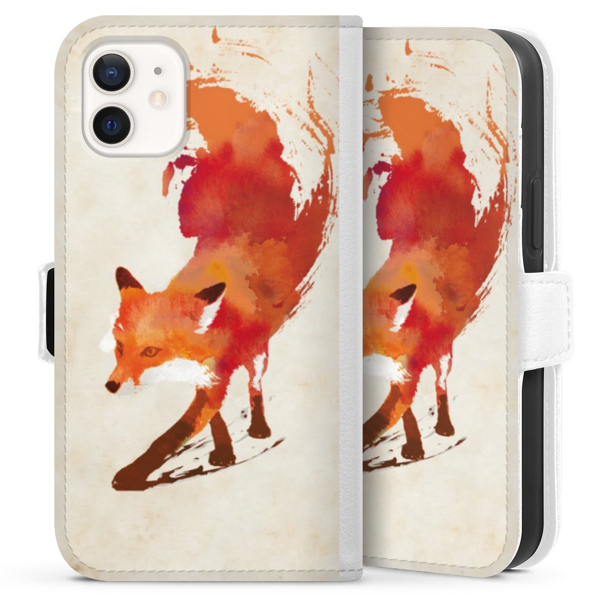 iPhone 12 mini Handy Klapphülle Handyhülle aus Kunst Leder weiß Flip Case Fox Graphic Sideflip mit Lasche