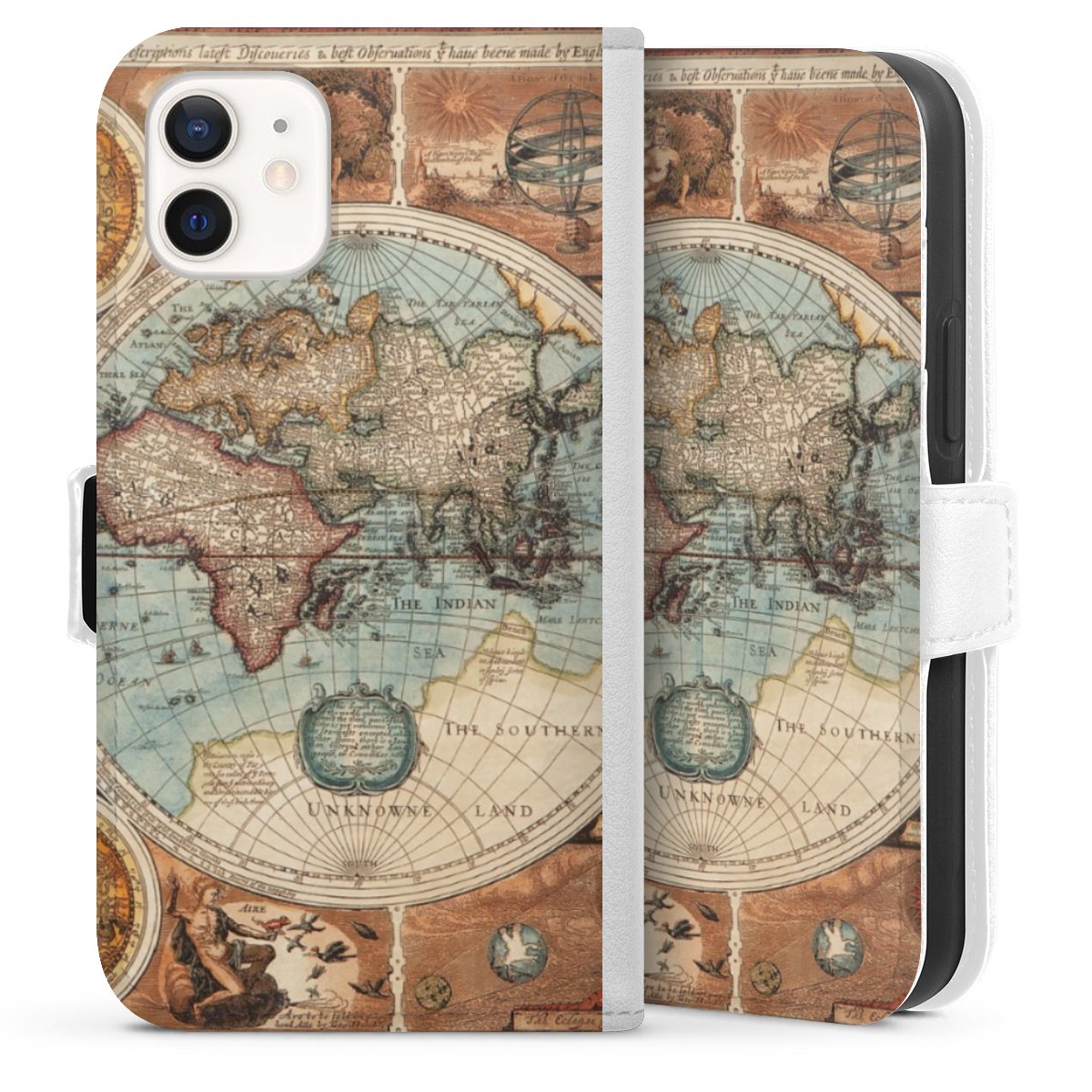 iPhone 12 mini Handy Klapphülle Handyhülle aus Kunst Leder weiß Flip Case World Map Vintage Map Sideflip mit Lasche