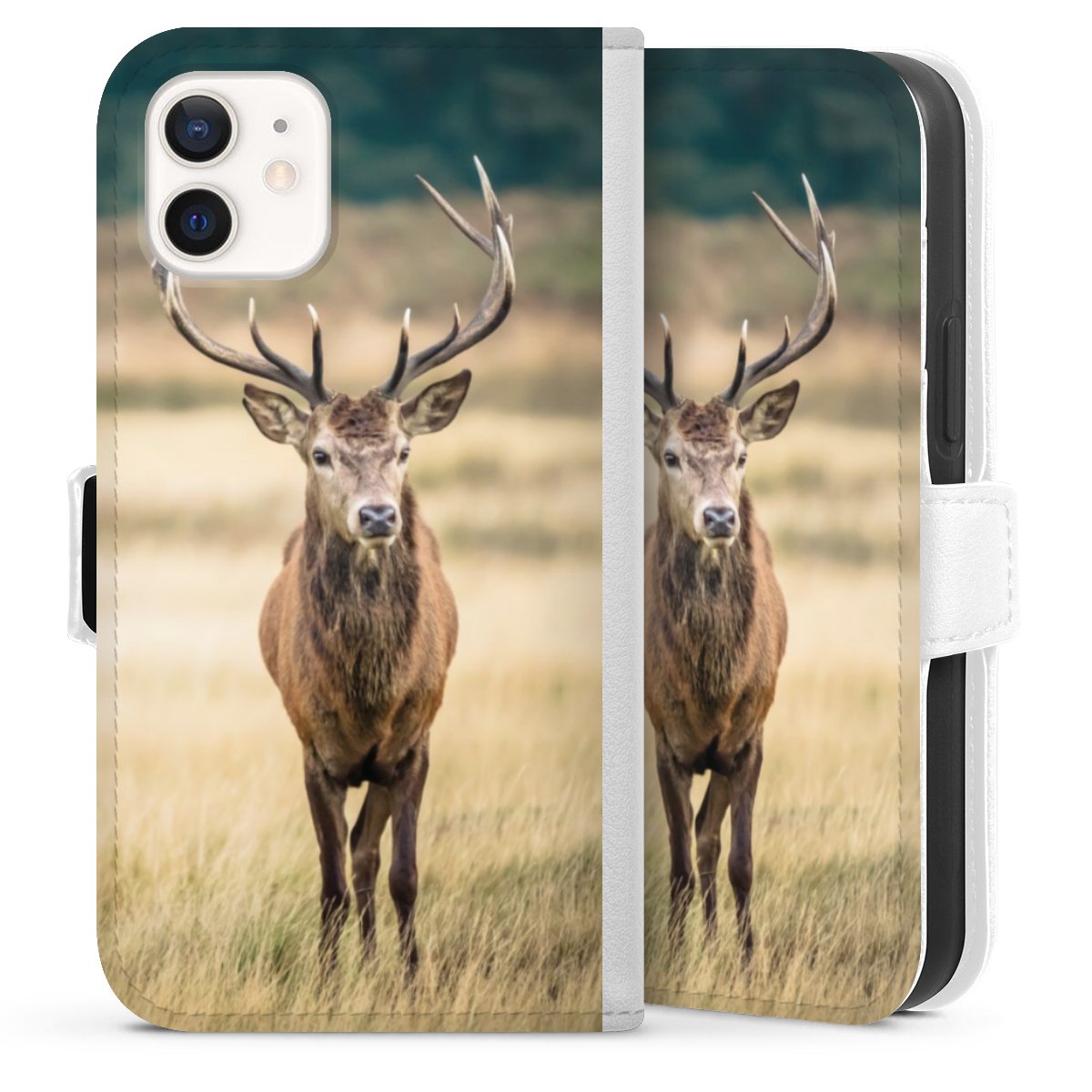 iPhone 12 mini Handy Klapphülle Handyhülle aus Kunst Leder weiß Flip Case Deer Meadow Forrest Sideflip mit Lasche