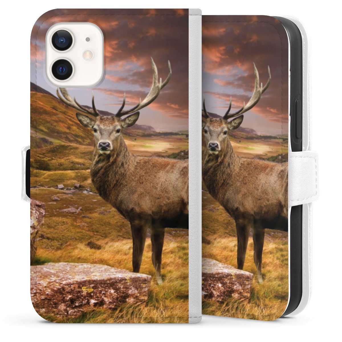 iPhone 12 mini Handy Klapphülle Handyhülle aus Kunst Leder weiß Flip Case Meadow Mountain Deer Sideflip mit Lasche