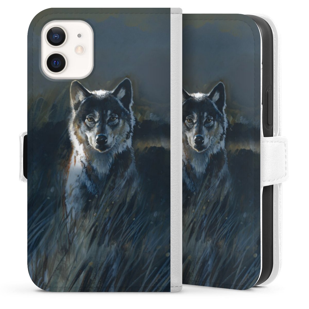 iPhone 12 mini Handy Klapphülle Handyhülle aus Kunst Leder weiß Flip Case Nature Wolf Painting Sideflip mit Lasche