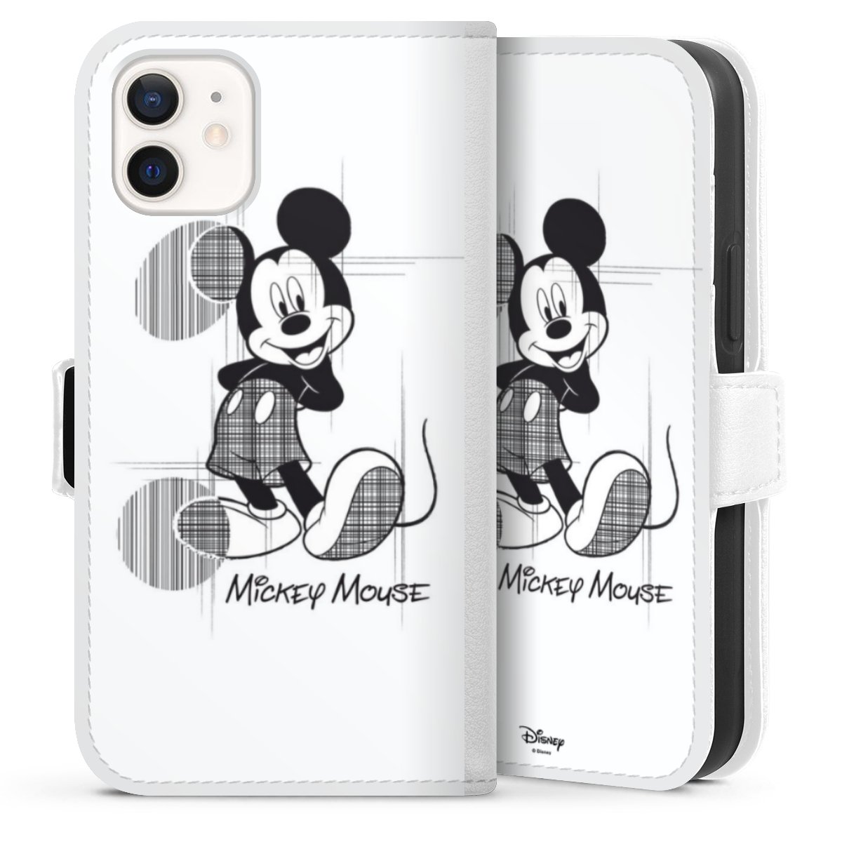 iPhone 12 mini Handy Klapphülle Handyhülle aus Kunst Leder weiß Flip Case Disney Official Licensed Product Mickey Mouse Sideflip mit Lasche