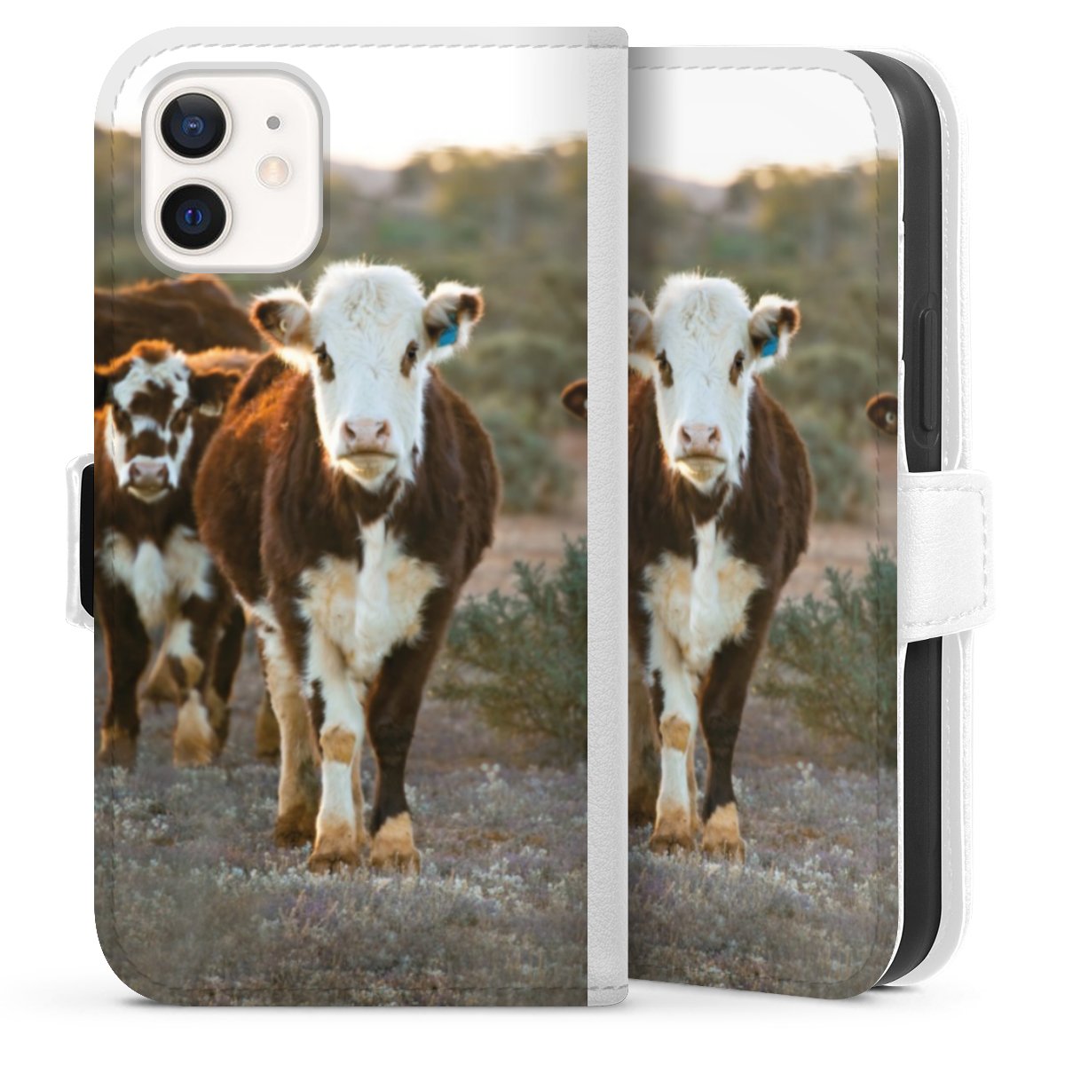 iPhone 12 mini Handy Klapphülle Handyhülle aus Kunst Leder weiß Flip Case Cow Farmer Calf Sideflip mit Lasche