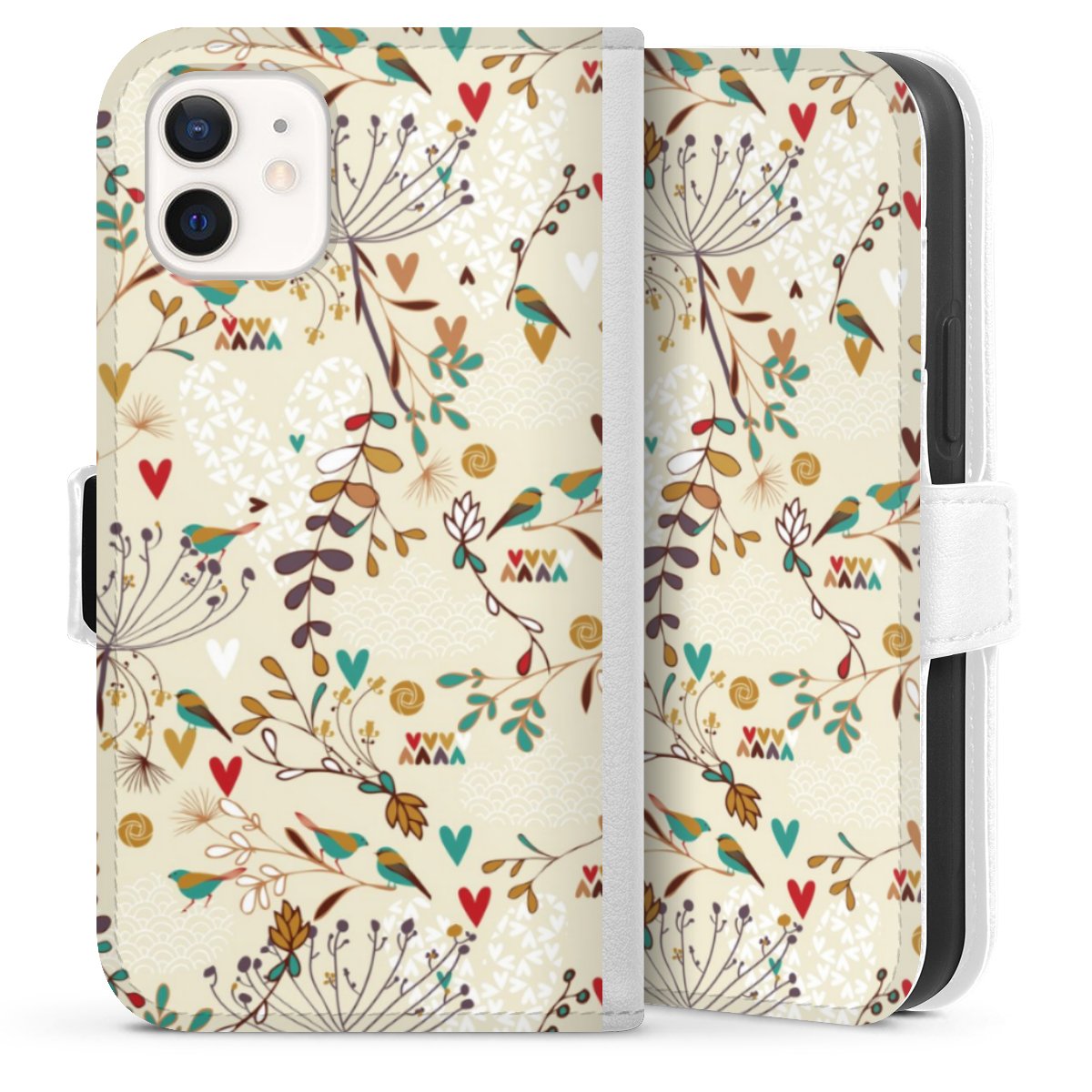 iPhone 12 mini Handy Klapphülle Handyhülle aus Kunst Leder weiß Flip Case Bird Flowers Retro Sideflip mit Lasche