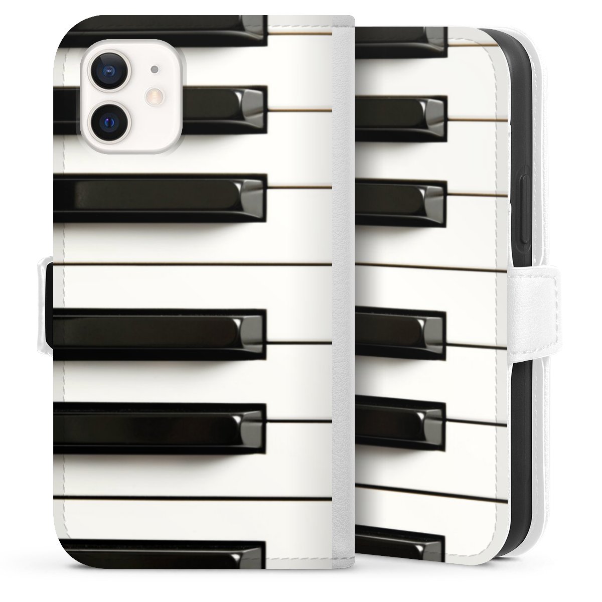 iPhone 12 mini Handy Klapphülle Handyhülle aus Kunst Leder weiß Flip Case Klavier Piano Music Sideflip mit Lasche