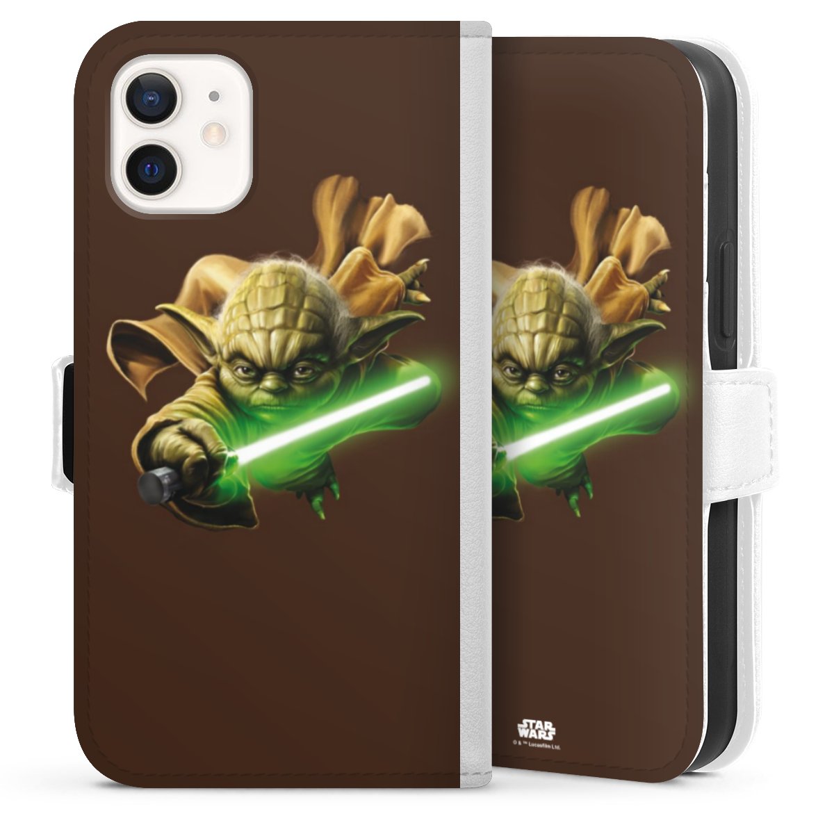 iPhone 12 mini Handy Klapphülle Handyhülle aus Kunst Leder weiß Flip Case Yoda Merchandise Star Wars Sideflip mit Lasche