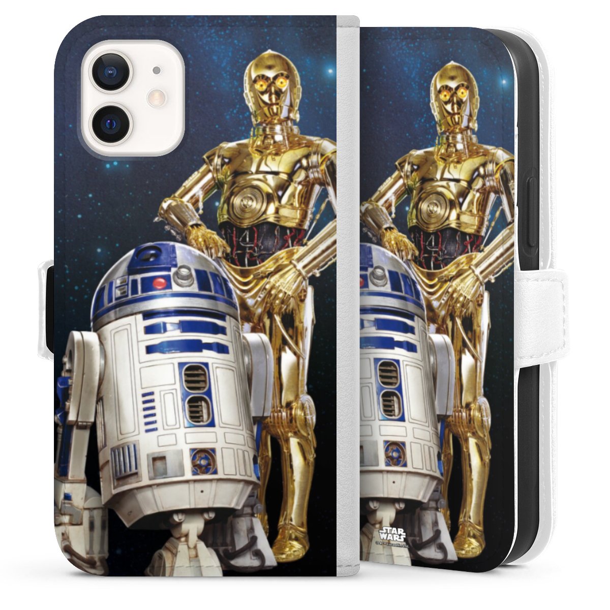 iPhone 12 mini Handy Klapphülle Handyhülle aus Kunst Leder weiß Flip Case Weltall Star Wars R2d2 Sideflip mit Lasche