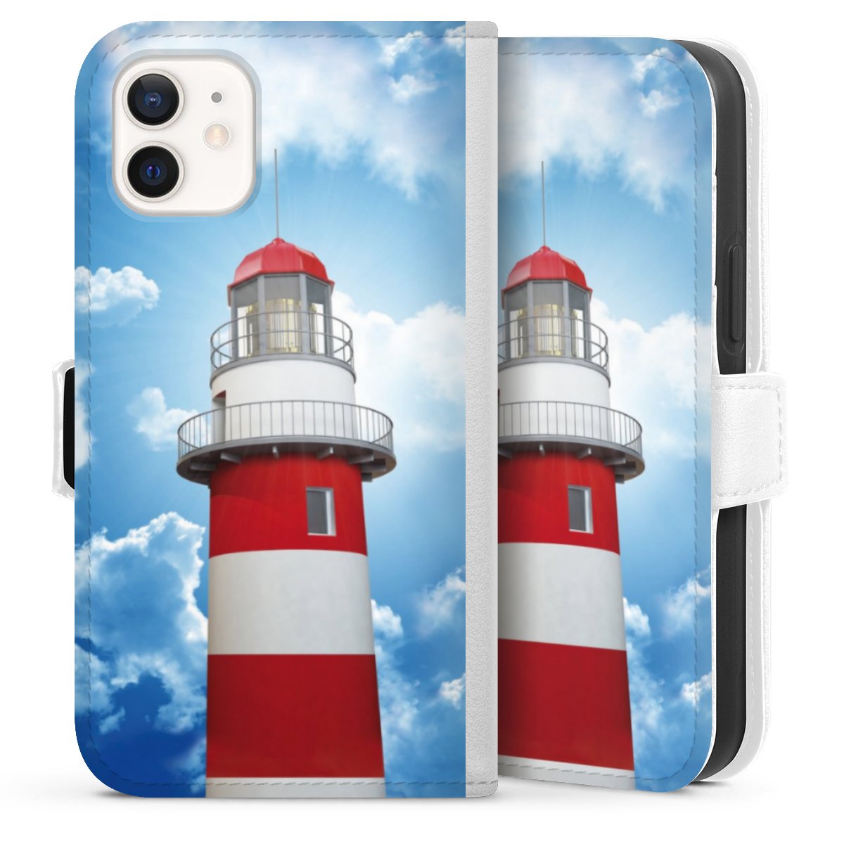 iPhone 12 mini Handy Klapphülle Handyhülle aus Kunst Leder weiß Flip Case Lighthouse Sky Cloud Sideflip mit Lasche