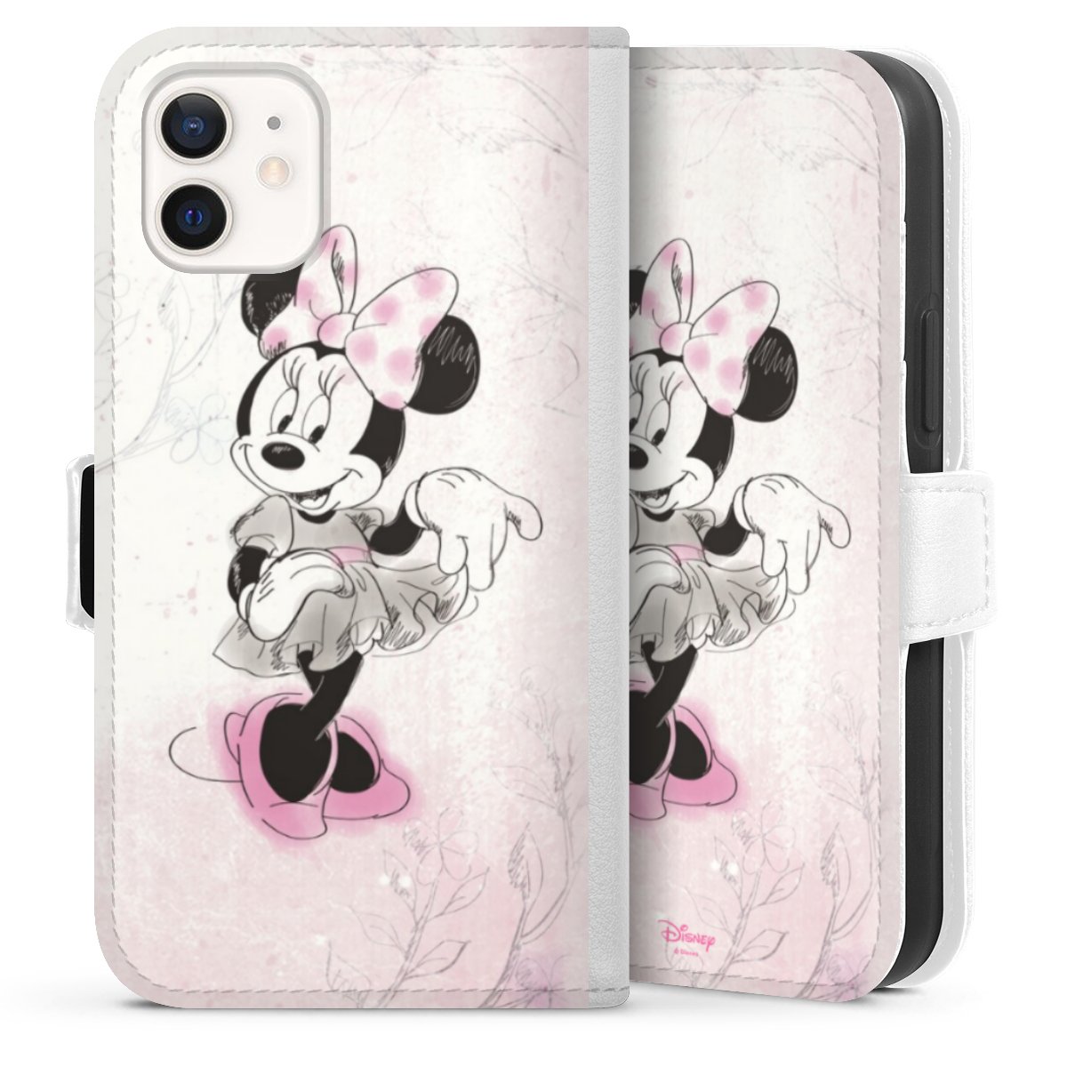 iPhone 12 mini Handy Klapphülle Handyhülle aus Kunst Leder weiß Flip Case Disney Minnie Mouse Vintage Sideflip mit Lasche