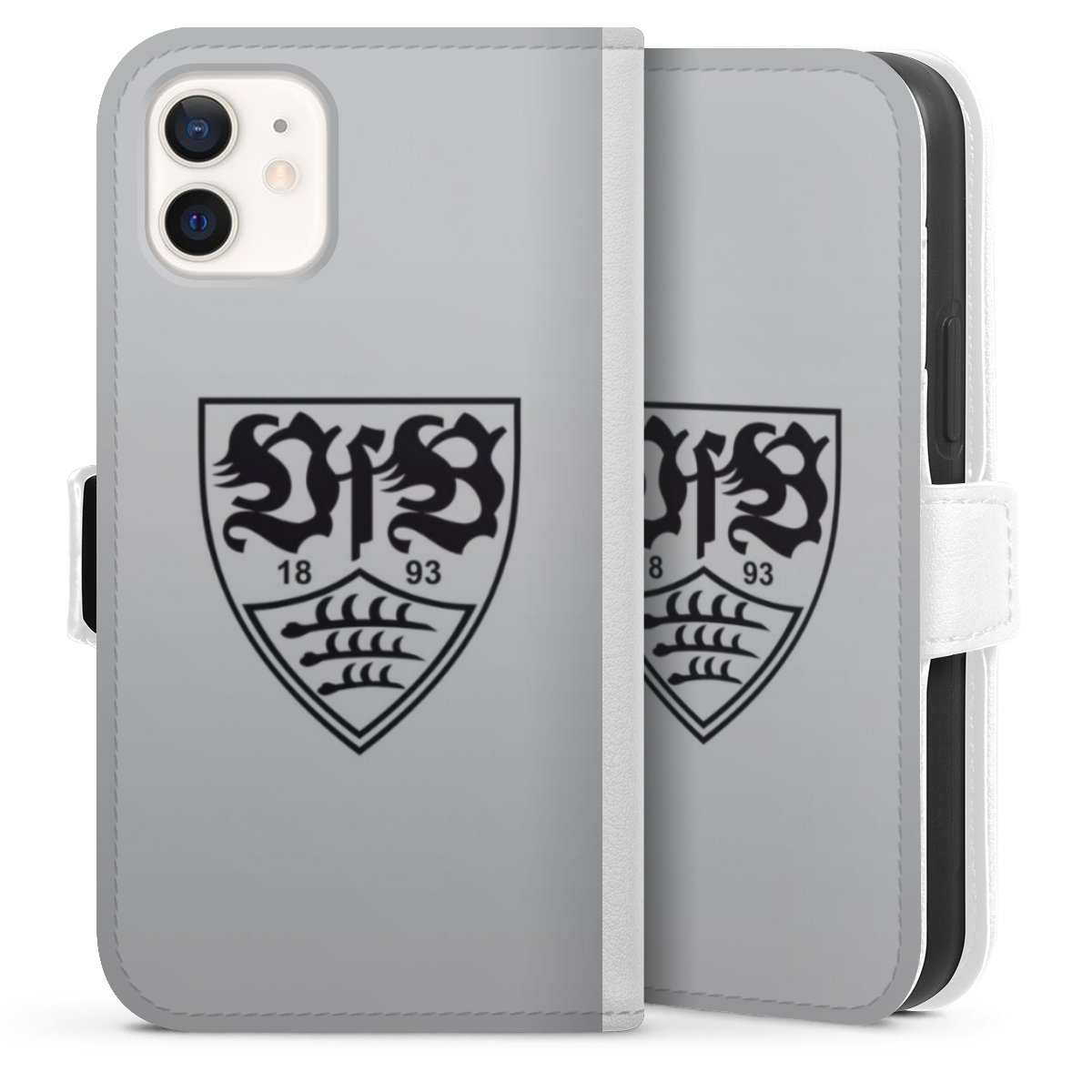 iPhone 12 mini Handy Klapphülle Handyhülle aus Kunst Leder weiß Flip Case Logo Vfb Stuttgart Official Licensed Product Sideflip mit Lasche