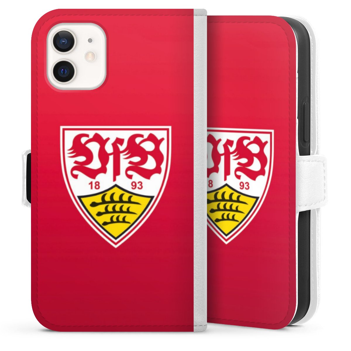 iPhone 12 mini Handy Klapphülle Handyhülle aus Kunst Leder weiß Flip Case Official Licensed Product Vfb Stuttgart Sideflip mit Lasche