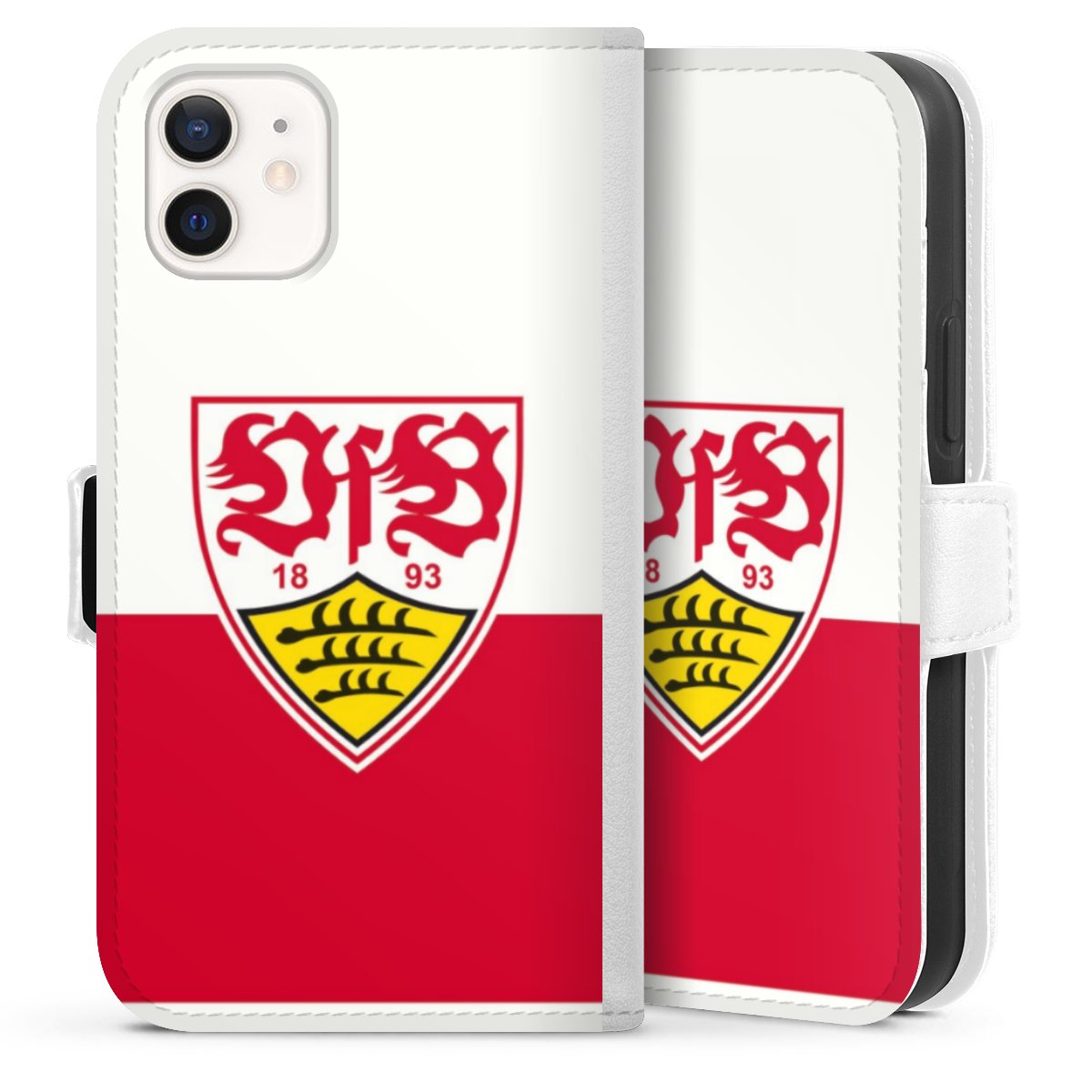 iPhone 12 mini Handy Klapphülle Handyhülle aus Kunst Leder weiß Flip Case Official Licensed Product Logo Vfb Stuttgart Sideflip mit Lasche